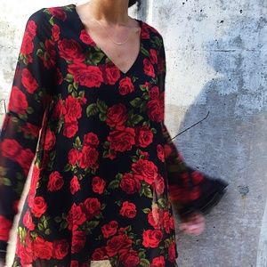 Rose Mini Dress with Lace Butterfly Sleeves